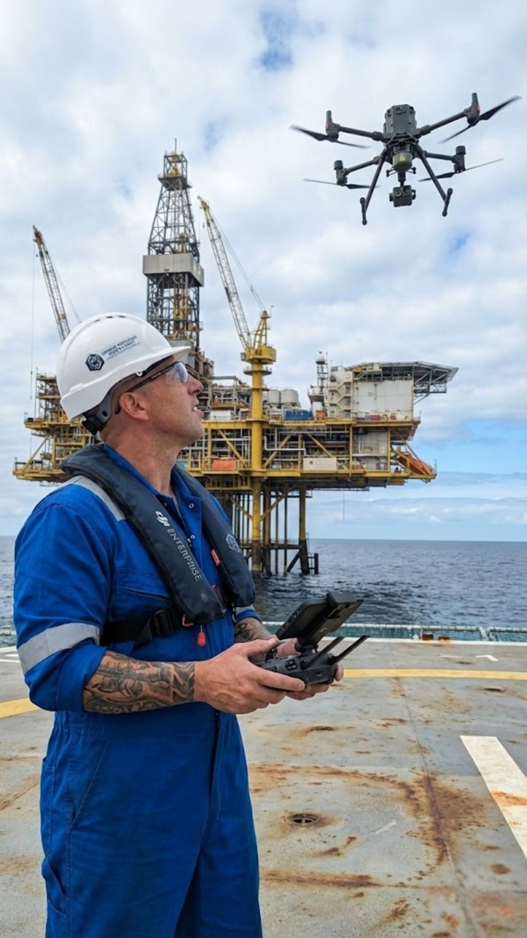 Offshore drone inspection of wind turbine and platform conducted by HSE-qualified team in marine environment