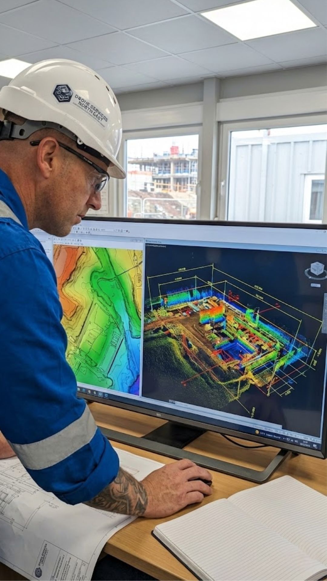 Surveyor reviewing centimetre-accurate drone-generated topographic map and point cloud data for engineering project