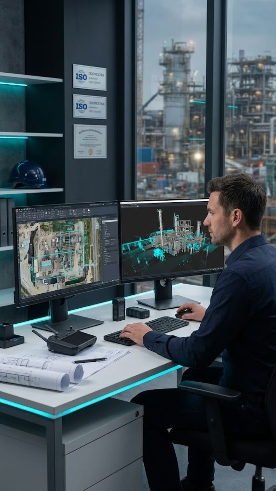 Professional drone data analyst reviewing aerial imagery and technical reports
